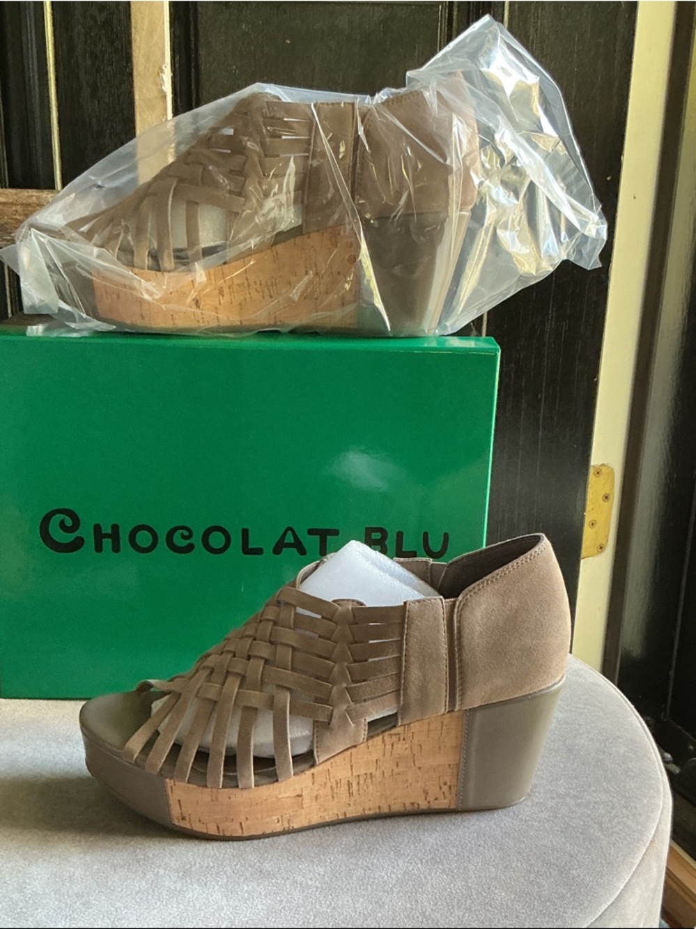 Chocolat Blu Taupe Woven Cork Platform Wedge Sandals